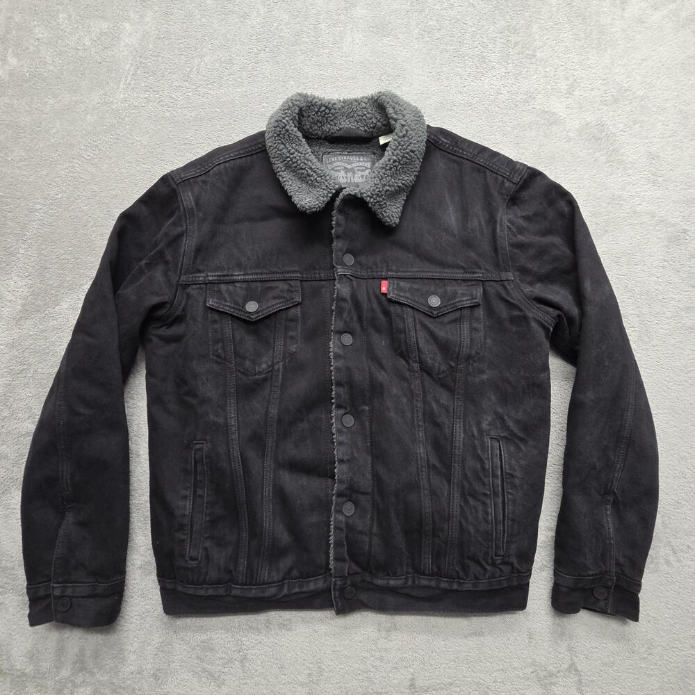 Levi Trucker Jacket Mens M Black Sherpa Lined Denim Faux Fur Collar